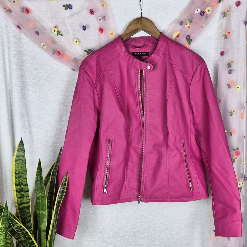 Baccini Hot Pink Faux Leather Jacket Moto Style Size XL